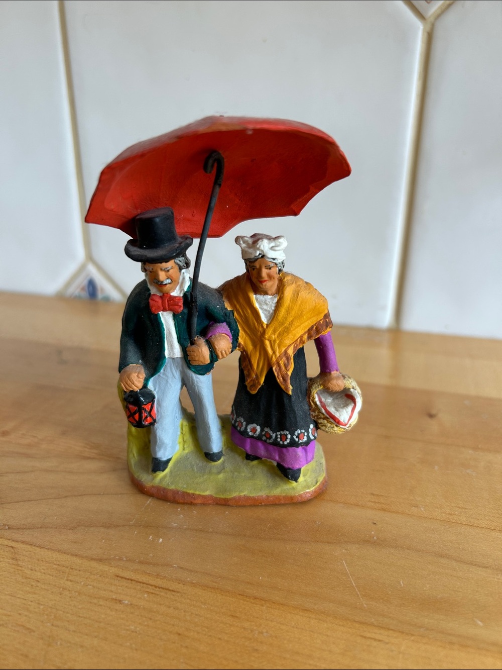 Painted Couple Figurine with Red Umbrella